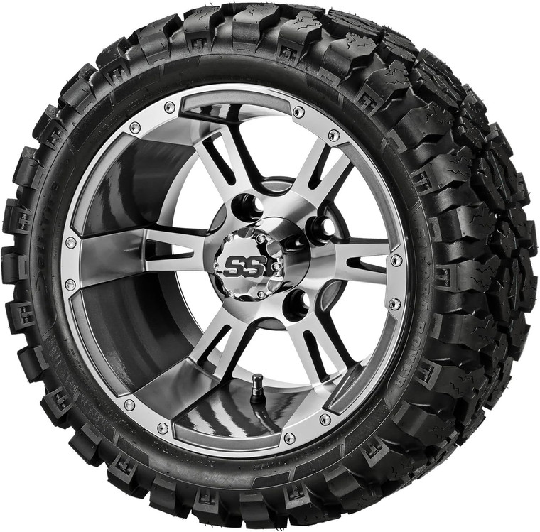 14" Raptor Gun Metal Gray/Machined on 23x10R14 Sierra Rover Radial Tires (Set of 4), Fits Yamaha Carts, Golf Cart Tires and Wheels Combo, Can be Used on Lawn Mowers and ATV's