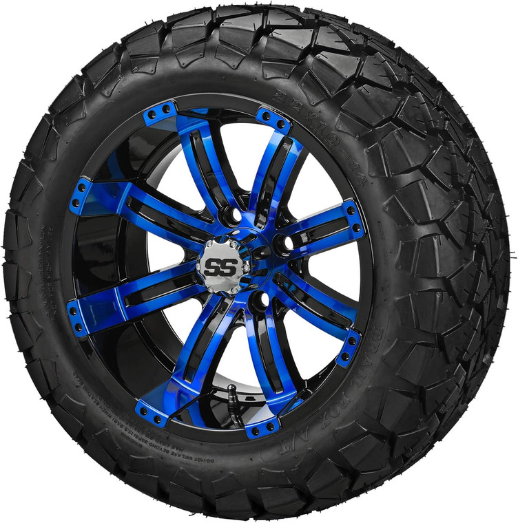 14" Casino Black/Blue on 22x10-14 Trail Fox A/T Tires (Set of 4), Fits Club Car & EZGo carts, Golf Cart Tires and Wheels Combo, Can be Used on Lawn Mowers and ATV's