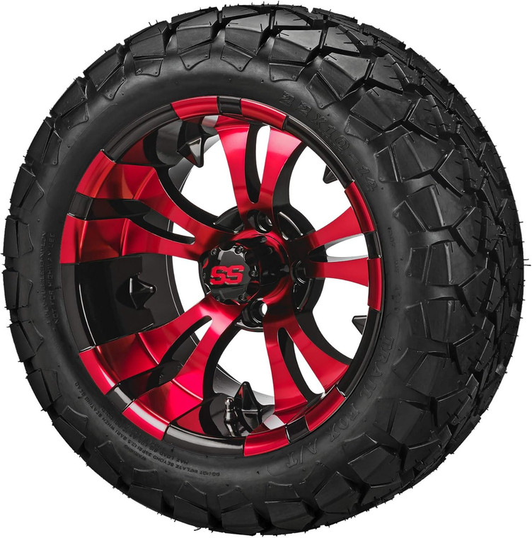 14" Warlock Black/Red on 22x10-14 Trail Fox A/T Tires (Set of 4), Fits Club Car & EZGo carts, Golf Cart Tires and Wheels Combo, Can be Used on Lawn Mowers and ATV's