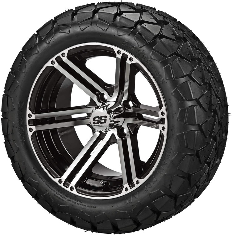 14" Yukon Black/Machined on 22x10-14 Trail Fox A/T Tires (Set of 4), Fits Club Car & EZGo carts, Golf Cart Tires and Wheels Combo, Can be Used on Lawn Mowers and ATV's
