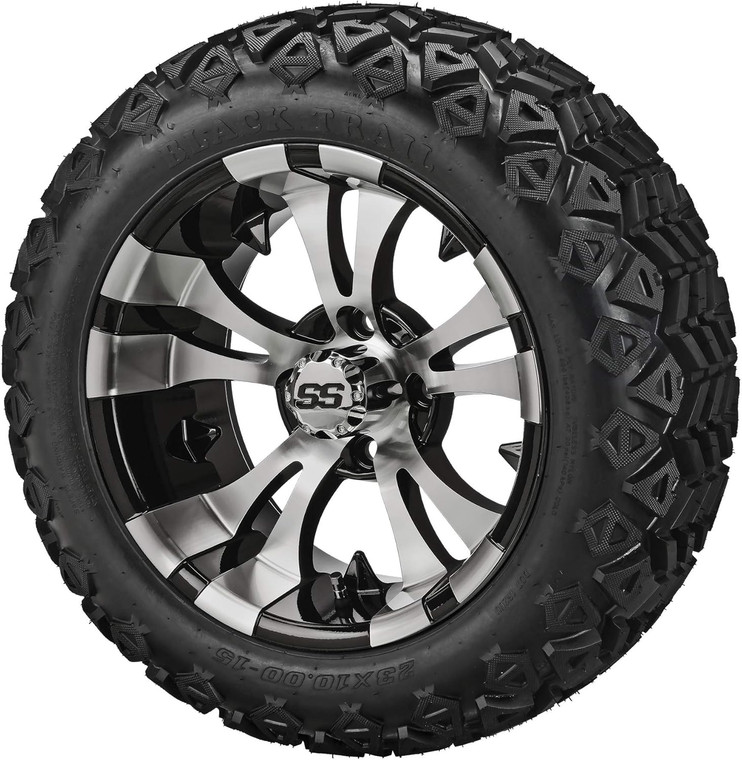 15" Warlock Black/Machined on 23x10-15 Black Trail Tires (Set of 4), Golf Cart Tires and Wheels, Use on Lawn Mowers and ATV’s, Fits Standard Lug Nuts, Assembled Before Shipping