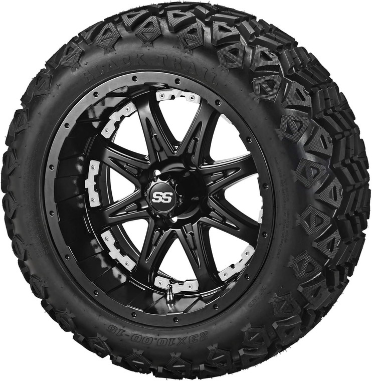 15" Revenge Matte Black on 23x10-15 Black Trail w/White Inserts (Set of 4)