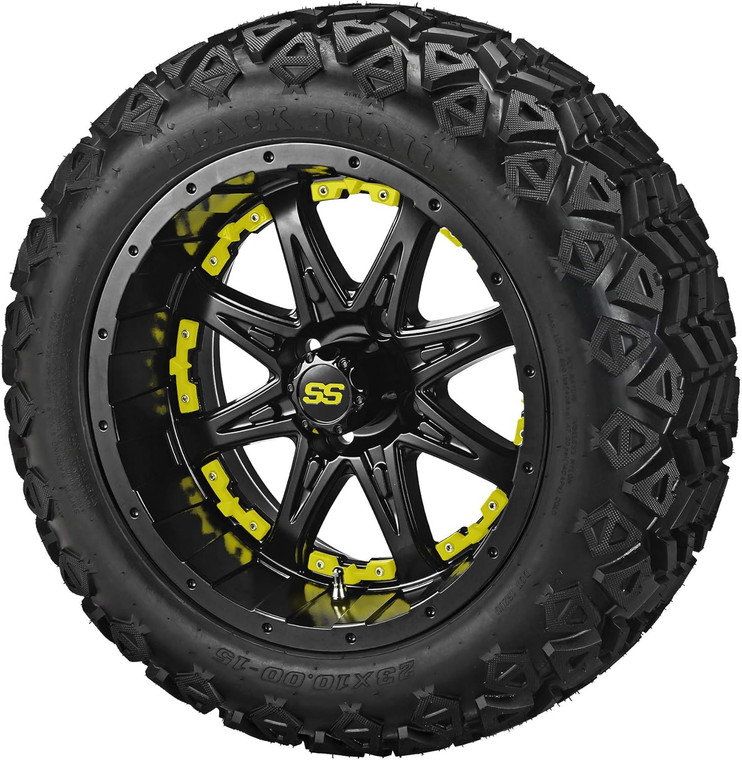 15" Revenge Matte Black on 23x10-15 Black Trail w/Yellow Inserts (Set of 4)