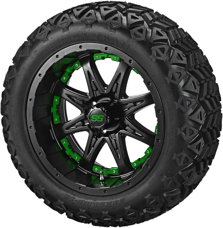 15" Revenge Matte Black on 23x10-15 Black Trail w/Green Inserts (Set of 4)