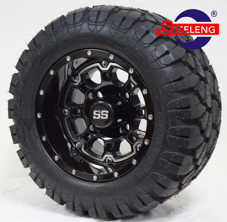 10″ Panther Glossy Black Wheel – Aluminum Alloy / STEELENG 18″x9″-10″ STINGER All Terrain Tire DOT approved