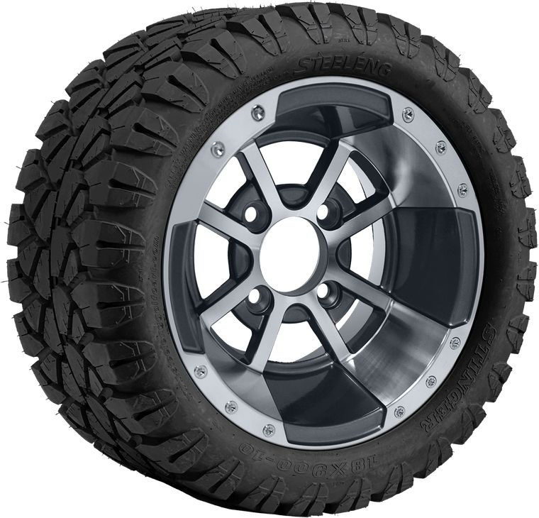 10″ Storm Trooper Machined/Gunmetal Wheel – Aluminum Alloy / STEELENG 18″x9″-10″ STINGER All Terrain Tire DOT approved
