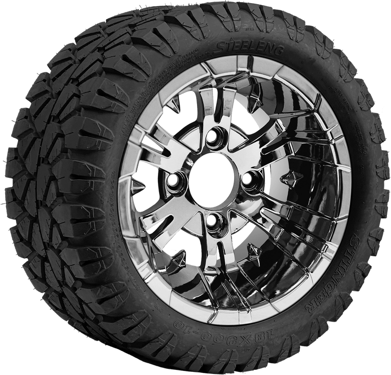 10″ Vampire Chrome Wheel – Aluminum Alloy / STEELENG 18″x9″-10″ STINGER All Terrain Tire DOT approved