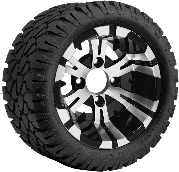 10″ Vampire Machined/Black Wheel – Aluminum Alloy / STEELENG 18″x9″-10″ STINGER All Terrain Tire DOT approved