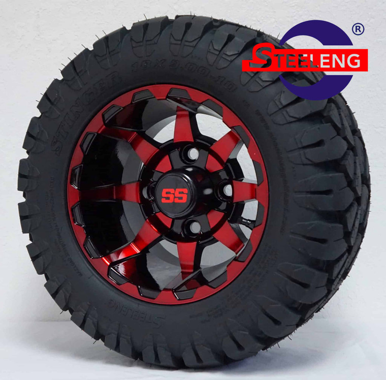 10″ Vortex Red/Black Wheel – Aluminum Alloy / STEELENG 18″x9″-10″ STINGER All Terrain Tire DOT approved