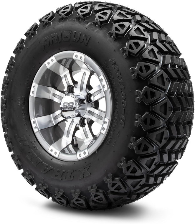 MODZ Tempest Gunmetal 10" Golf Cart Wheels and Arisun X-Trail (22x11-10) All-Terrain Golf Cart Tires Combo - Set of 4 MODZ Tempest Gunmetal 10" Golf Cart Wheels and Arisun X-Trail (22x11-10) All-Terrain Golf Cart Tires Combo - Set of 4