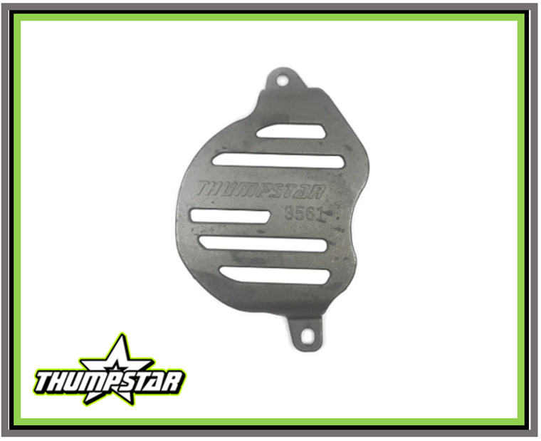 The image showcases a Front Sprocket Cover made from durable 3561 steel, designed for Thumpstar pit bikes. The cover features a hole center of 120mm, ensuring a precise fit for Thumpstar models (TSB110, TSK110, TSX125, TSX140, TSX212). The product is displayed against a clean background, highlighting its robust construction and sleek design. This image is ideal for riders seeking a reliable and durable sprocket cover to protect their drivetrain from dirt, debris, and damage.