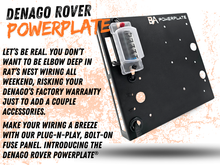 The image showcases the Denago Rover XK Glow PowerPlate® installed on a Denago Rover golf cart, highlighting its sleek design and vibrant LED lighting. The marine-grade PowerPlate® is prominently displayed, along with the XK Glow Bluetooth® controller and waterproof LED strips. The image emphasizes the system’s dual-zone lighting capability, with underglow and interior lights creating a stunning visual effect. The plug-and-play installation and weatherproof components are also highlighted, showcasing the kit’s ease of use and durability.