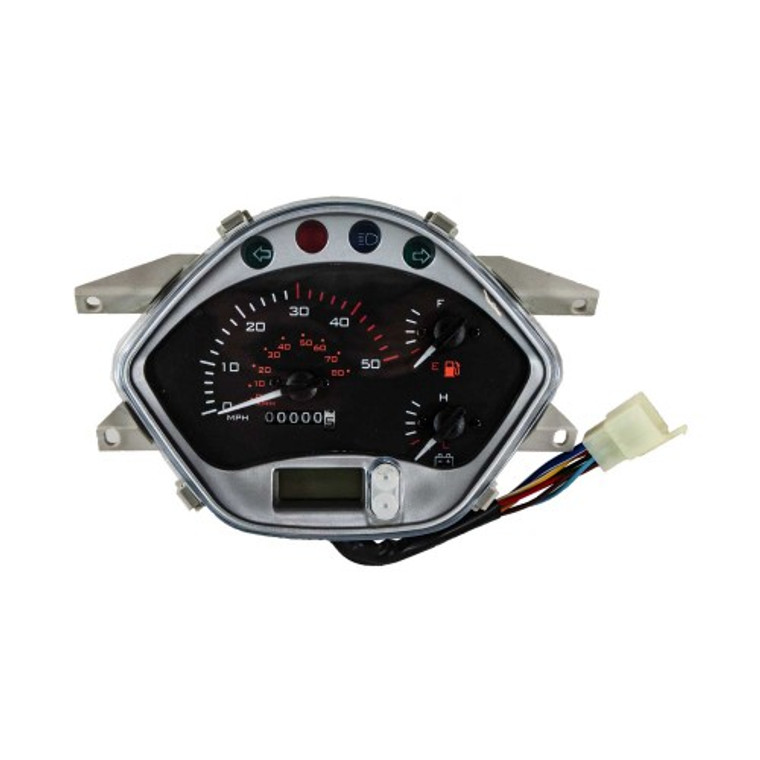 The image showcases the Speedometer Assembly for Lucky 50, a premium replacement part designed to provide accurate speed readings and enhance the functionality of your scooter. The speedometer features a clear and easy-to-read display, ensuring precise speed measurements. Its durable construction ensures long-lasting performance, while the easy installation process makes it a convenient upgrade or replacement option. Perfect for maintaining the performance and safety of your Lucky 50 scooter.