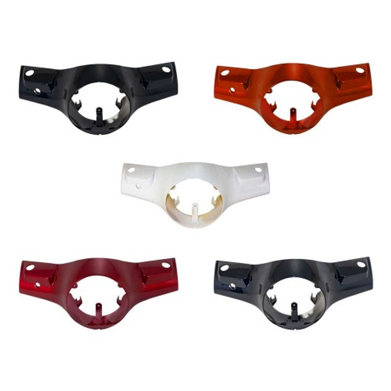 The image showcases the Handle Bar Cover for Wolf Lucky and Lucky 2, a premium replacement part designed to enhance the aesthetics and protection of your scooter's handlebar area. The cover is available in five different colors, including Black, Blue, Orange, Red, and White, allowing for customization to match your scooter's style. Its durable construction ensures long-lasting performance, while the easy installation process makes it a convenient upgrade or replacement option. Perfect for maintaining the appearance and protection of your scooter.