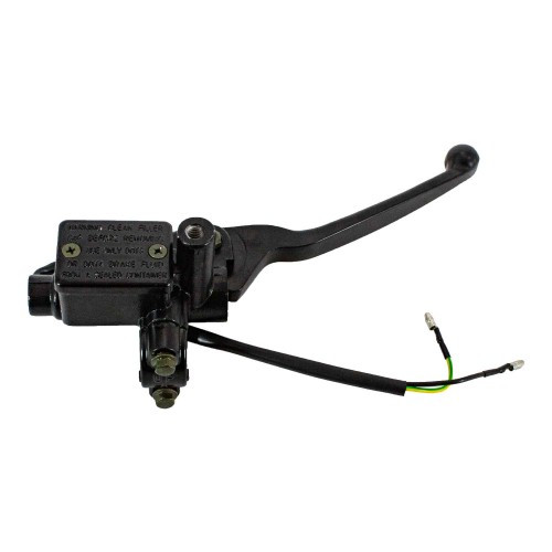 The image showcases the Master Cylinder for Wolf Scooter Lucky, a premium replacement part designed to ensure reliable and efficient braking performance. The master cylinder features a durable construction that resists wear and impact, ensuring long-lasting performance. Its integrated brake light switch enhances safety by activating the brake lights when the brake is applied. The direct-fit design guarantees a seamless integration with Lucky models, while the easy installation process makes it a convenient upgrade or replacement option. Perfect for maintaining the responsiveness and safety of your scooter.