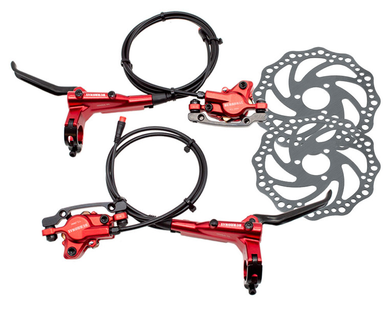 "Burromax Performance Hydraulic Brake Kit features dual-piston calipers, high-performance rotors, and red anodized finish for TT250/TT350R/TT750R bikes. This complete front/rear brake upgrade delivers race-level stopping power with direct bolt-on installation."