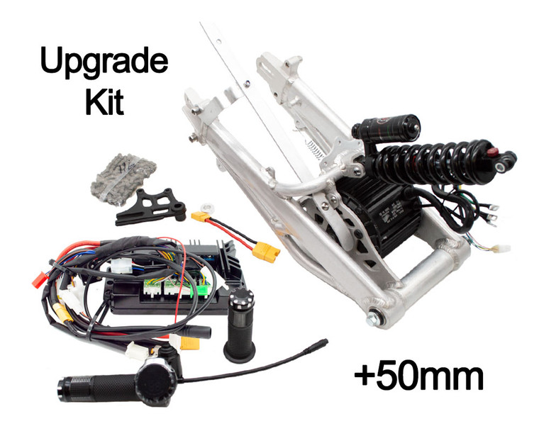 "Burromax TT1600R Pro Performance Upgrade Kit (Part #16056) features 2.5kW motor, 50mm extended swingarm, and 60A controller for 40+ mph speeds. Complete plug-and-play system with adjustable shock and crazy acceleration. Includes all hardware for easy installation."