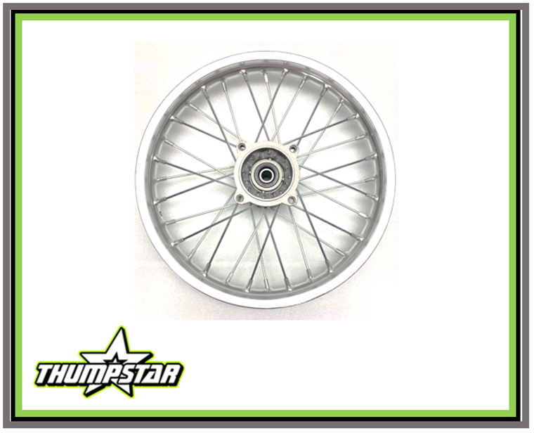 14” front wheel assembly for pit bikes featuring a chrome aluminum rim, chrome stainless steel spokes, and 4-bolt disc hub with 15mm axle bore; compatible with TSB125E model. 14” front wheel assembly for pit bikes featuring a chrome aluminum rim, chrome stainless steel spokes, and 4-bolt disc hub with 15mm axle bore; compatible with TSB125E model.