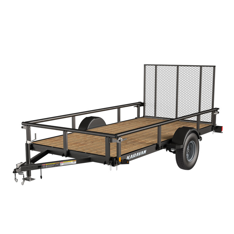 "A rugged Karavan 6x12 ft. steel utility trailer with fold-down rails, heavy-duty ramp, and powder-coated finish sits ready for hauling. Features SwayControl™ engineering, treated wood flooring, and ShortFree™ lighting for reliable towing. Ideal for transporting mowers, ATVs, lumber, and equipment." "A rugged Karavan 6x12 ft. steel utility trailer with fold-down rails, heavy-duty ramp, and powder-coated finish sits ready for hauling. Features SwayControl™ engineering, treated wood flooring, and ShortFree™ lighting for reliable towing. Ideal for transporting mowers, ATVs, lumber, and equipment."