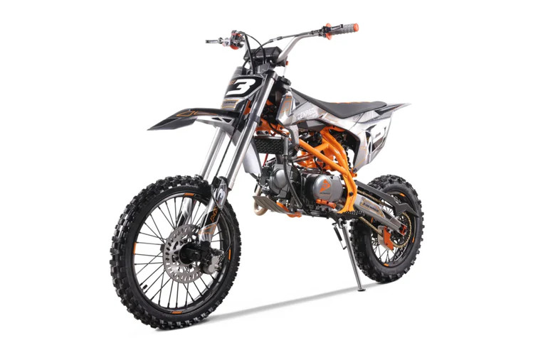 Denago MX3 Orange Edition 140cc Pit Bike with high-performance hydraulic disc brakes, inverted front fork suspension, stainless-steel exhaust, and sleek orange graphics for a striking off-road look.