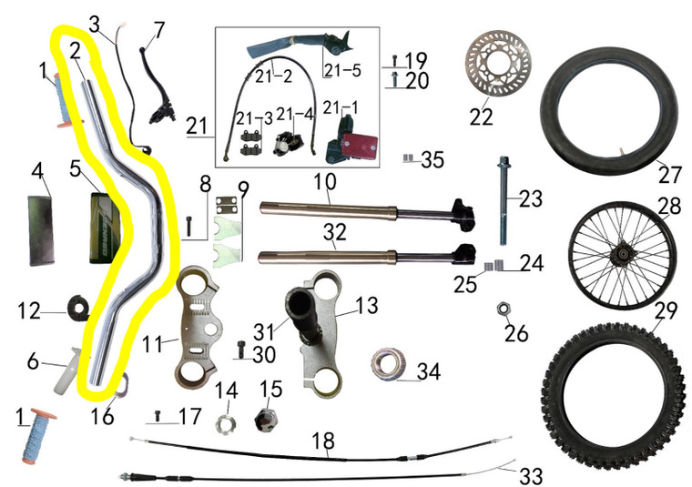 OEM steel handlebar for Denago MX2 and MX3 pit bikes. Identified as Part #2 in the Denago parts schematic. Features tubular steel construction, corrosion-resistant finish, and universal fit for MX-style controls.