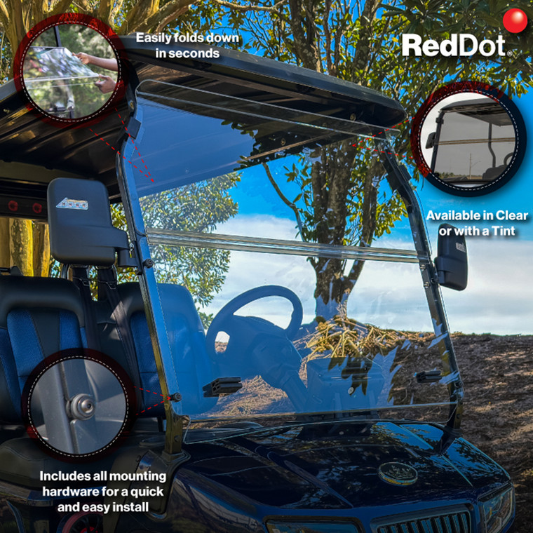 Clear DOT-certified folding windshield made from abrasion-resistant polycarbonate, mounted on an Evolution D5 Ranger/Maverick golf cart. The image shows the windshield in the upright position with clear visibility and robust bolt-on attachment, highlighting its road-legal design and durable, scratch-resistant finish.