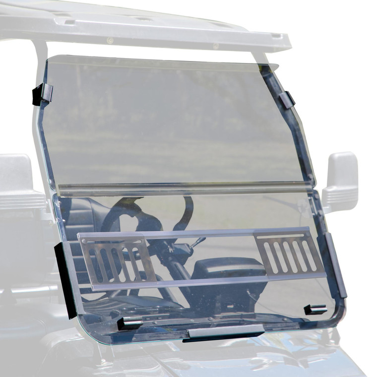 Tinted vented folding windshield installed on an Evolution Classic or Forester golf cart. Features 1/4” darkened acrylic material with a folding upper section and integrated adjustable vent, designed for UV protection and airflow control.