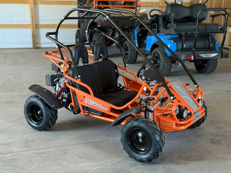 The image showcases the Hammerhead by Polaris MudHead 208R, a versatile and high-performing go-kart designed for young adventurers aged 10 and up. The go-kart features a sleek and durable design with a brush guard at the front for added protection. The 208cc LCT electric-start engine is highlighted, emphasizing the go-kart's power and ease of use. The dual LED headlights and canopy top are visible, showcasing the go-kart's stylish and functional design. The 16 x 6 – 8-inch front tires and 16 x 7 – 8-inch rear tires provide excellent traction and stability, while the rear hydraulic disc brake ensures safe and reliable stopping power. The three-point harness seatbelt adds an extra layer of safety, making it a perfect choice for young riders. Overall, the image captures the essence of a safe, durable, and fun go-kart ready for endless adventures.