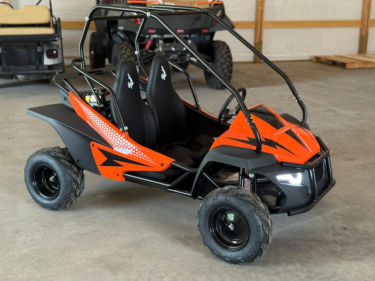 The image showcases the Hammerhead by Polaris MudHead SE, a sleek and stylish go-kart designed for young adventurers aged 10 and up. The go-kart features a modern design with upgraded plastic body panels and a steel bumper, emphasizing its durability and style. The 208cc LCT electric-start engine is highlighted, showcasing the go-kart's power and ease of use. The dual LED headlights and canopy top are visible, adding to the go-kart's functional and stylish design. The ROPS roll cage and three-point safety belts are prominently displayed, underscoring the go-kart's commitment to safety. The 16-inch tires and rear hydraulic disc brake ensure excellent traction and reliable stopping power. Overall, the image captures the essence of a safe, durable, and fun go-kart ready for endless adventures.