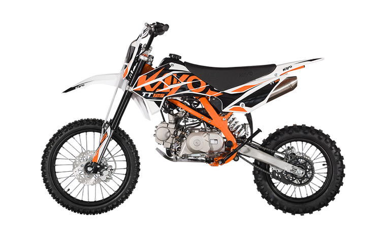 "The 2025 Kayo TT125 EFI pit bike features aggressive styling with its fuel-injected 123cc engine, hydraulic disc brakes, and competition suspension. Shown with knobby tires, high-mounted exhaust, and digital instrumentation, this bike combines race-ready performance with trail-friendly versatility