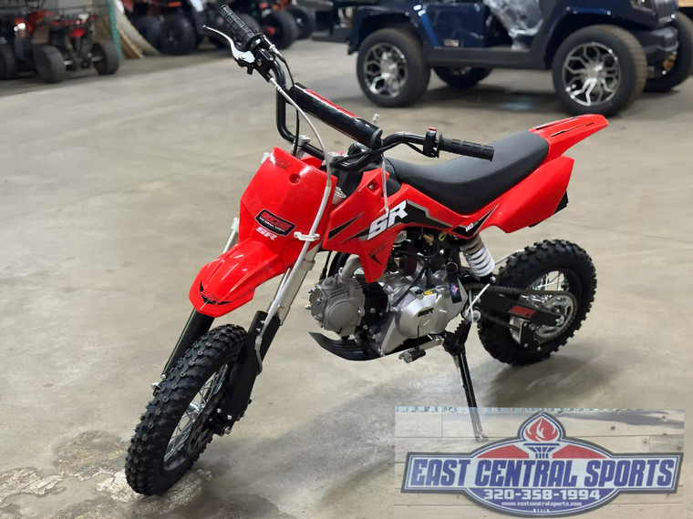 “2025 SSR SR110SE red 110cc youth semi-automatic dirt bike electric kick start inverted forks”
