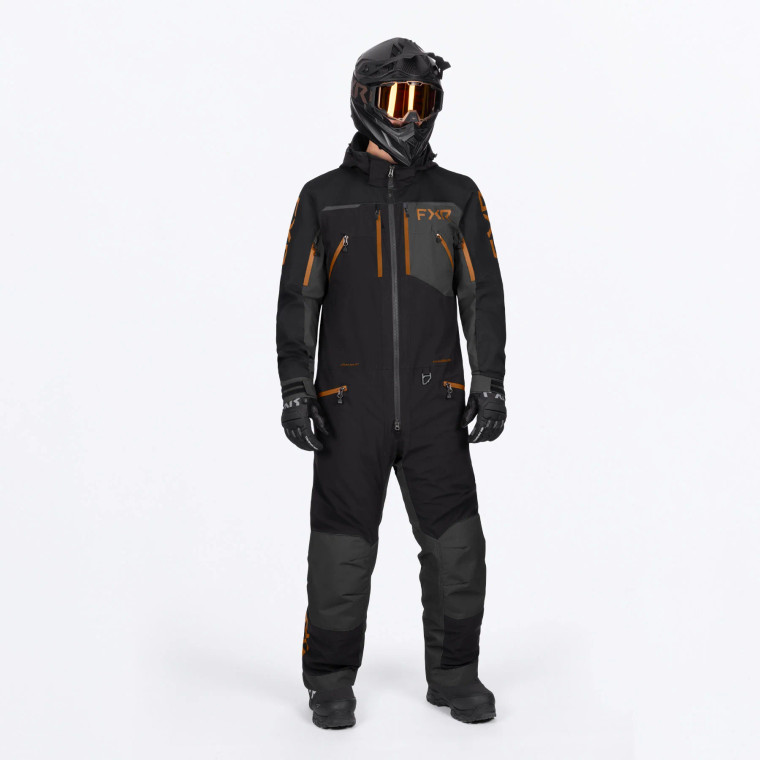 “FXR Racing Vertical MTX Insulated Monosuit black/asphalt/kash front view”