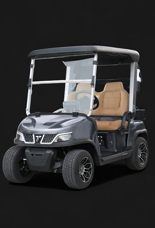 Gray Tara Spirit Pro Classic electric golf cart with luxury seating, foldable windshield, turf-friendly tires, and professional golf course design.