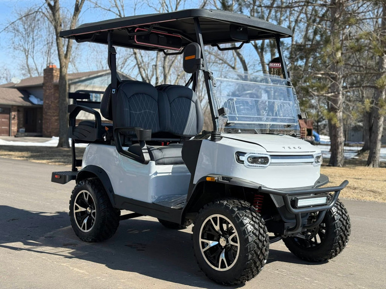 TEKO EV Turbo 4 passenger lithium electric golf cart with touchscreen display, LED underglow lighting and rear flip seat at East Central Sports Rush City Minnesota