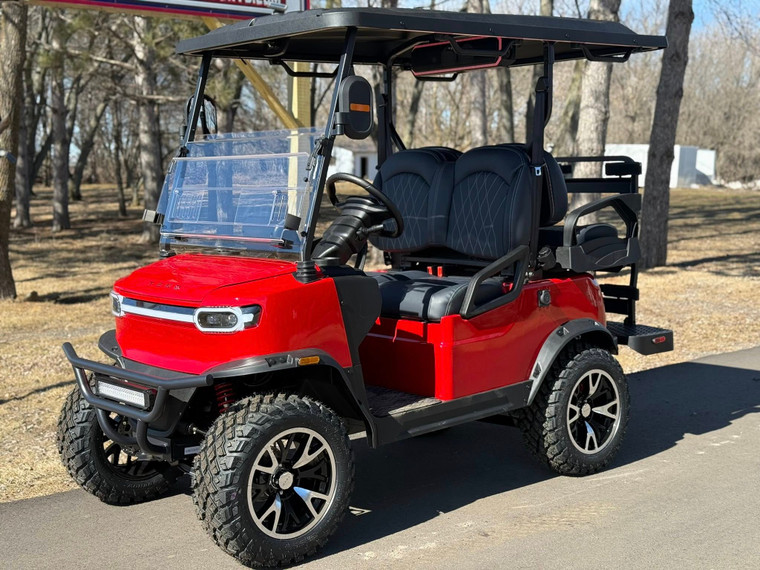 TEKO EV Turbo 4 passenger lithium electric golf cart with touchscreen display, LED underglow lighting and rear flip seat at East Central Sports Rush City Minnesota