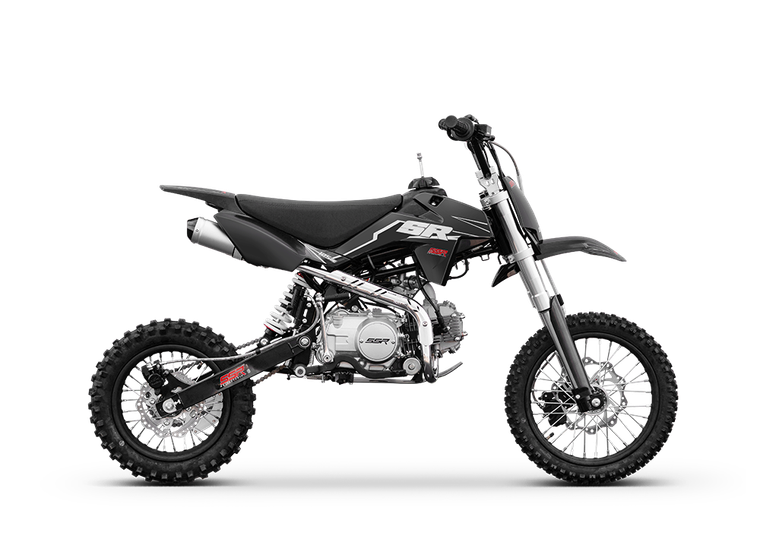 “2026 SSR SR125ME black 125cc youth off-road dirt bike hydraulic suspension disc brakes”