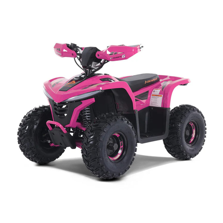 The image features the Denago E-Hawk 6 ATV, a sleek and modern electric ATV designed for kids aged 6 and up. The ATV showcases a bold black finish with multicolored LED lights, giving it a stylish and futuristic look. The rugged all-terrain tires (AT 16 x 8-7) and double A-arm front suspension highlight its capability to handle various terrains, from dirt trails to grassy fields. The handlebar-mounted controls, including the push-button gear selector and keyed ignition, are clearly visible, emphasizing the ATV's user-friendly design. The compact dimensions (51" x 31" x 32.5") and low seat height (23.5") make it perfectly sized for young riders, while the 48V removable lithium-ion battery and 1600W brushless electric motor underscore its eco-friendly and high-performance features. Safety elements like dual hydraulic disk brakes and an anti-theft alarm are subtly integrated into the design. This image captures the essence of the E-Hawk 6 ATV as a safe, fun, and technologically advanced electric vehicle for kids.