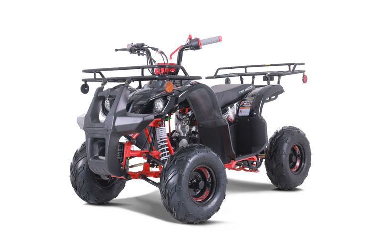 The image showcases the Tao Motor D125 Youth ATV in a dynamic, off-road setting, highlighting its sleek design and vibrant color options. The ATV features a powder-coated frame, color-matched components, and new decal designs, giving it a modern and stylish appearance. The LED daytime running lights are prominently displayed, emphasizing safety and visibility. The adjustable front and rear shocks and 16-inch tires are visible, showcasing the ATV's capability to handle rough terrains. The ergonomic gear selector and digital gear indicator are also highlighted, emphasizing user-friendly controls. This image perfectly captures the D125's blend of performance, safety, and style, making it an ideal choice for young riders. The image showcases the Tao Motor D125 Youth ATV in a dynamic, off-road setting, highlighting its sleek design and vibrant color options. The ATV features a powder-coated frame, color-matched components, and new decal designs, giving it a modern and stylish appearance. The LED daytime running lights are prominently displayed, emphasizing safety and visibility. The adjustable front and rear shocks and 16-inch tires are visible, showcasing the ATV's capability to handle rough terrains. The ergonomic gear selector and digital gear indicator are also highlighted, emphasizing user-friendly controls. This image perfectly captures the D125's blend of performance, safety, and style, making it an ideal choice for young riders.