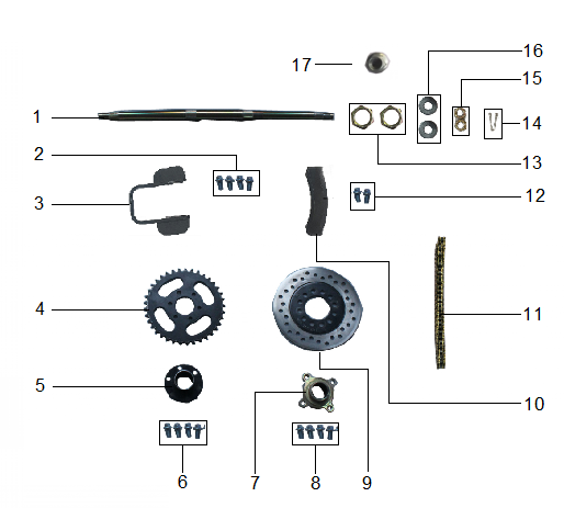 Rear Axle, Sprocket, Brake Disc