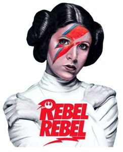 T-shirt featuring Princess Leia with David Bowie’s iconic thunderbolt makeup; a beautiful combination you never thought you needed.