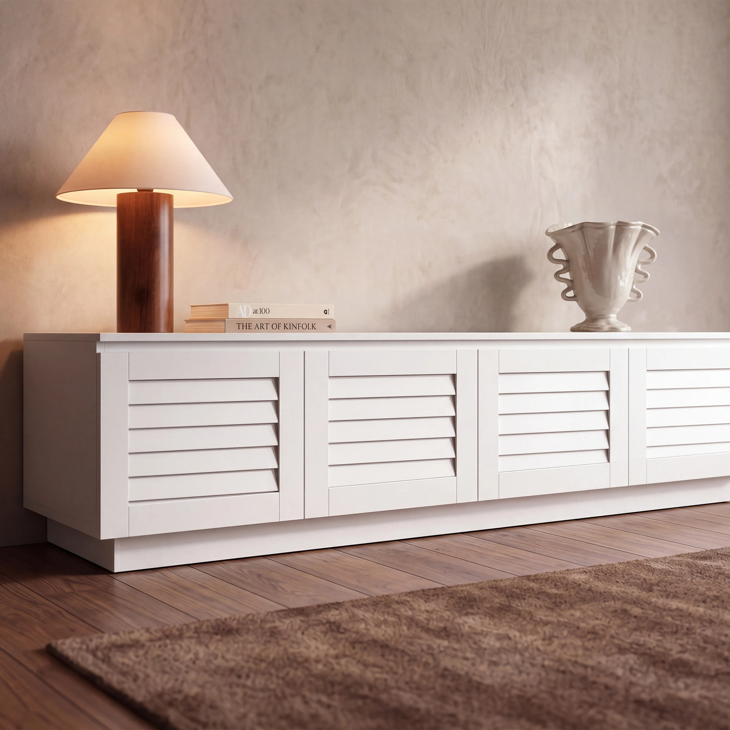 a white cabinet with a lamp on top