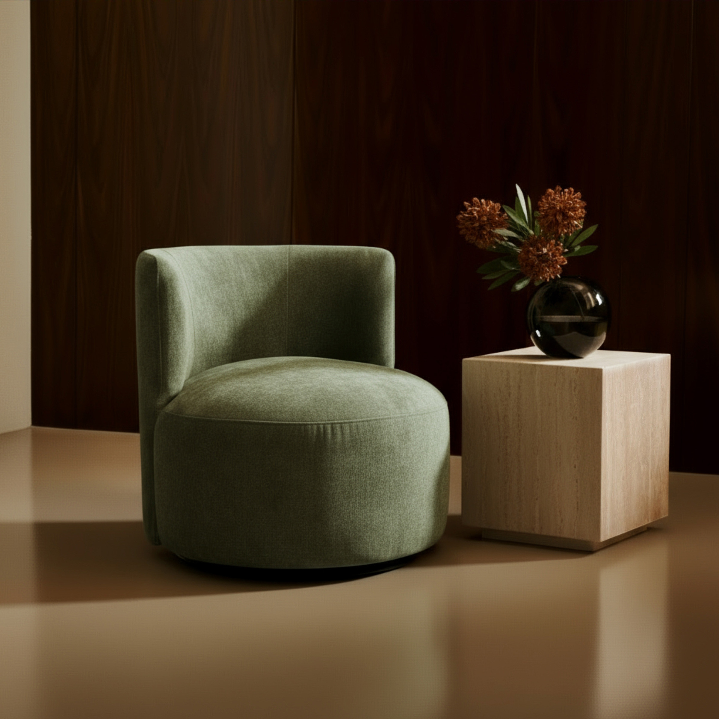 a chair and a vase on a table