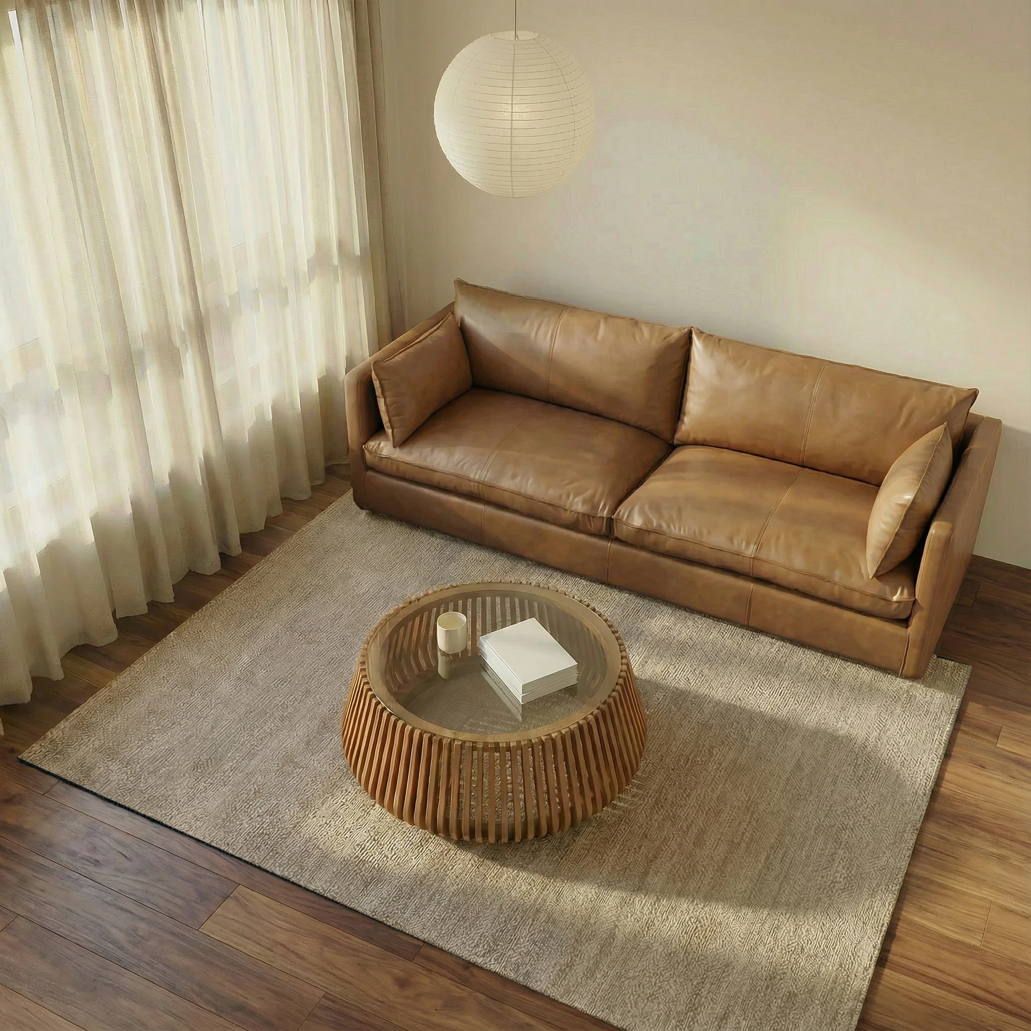 a couch with a round rug
