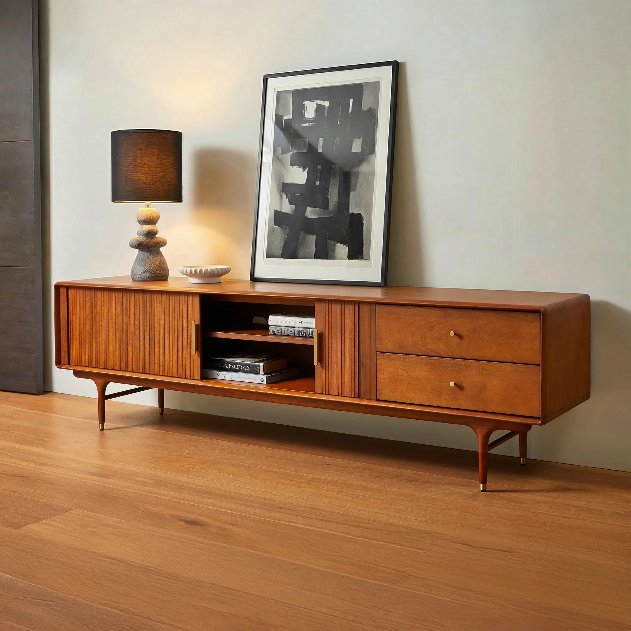 a wooden desk with a picture on it
