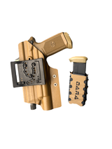 DARA LIGHT BEARING RANGE PACKAGE tan OWB holster and mag carrier for semi-automatic handguns.