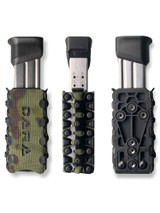DARA AUTO RETENTION MAG CARRIER, OWB universal mag pouch in camouflage and black, adjustable depth plate.