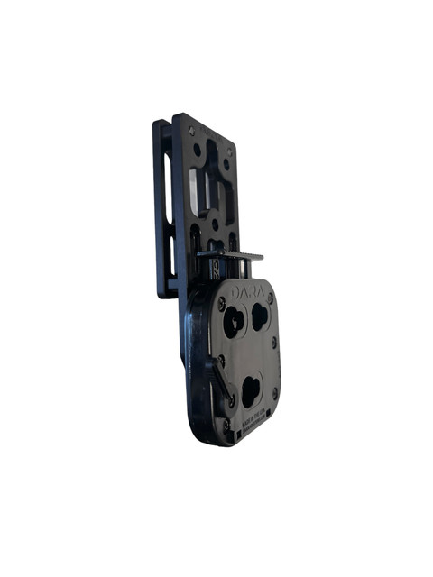 DARA DBL2 + ALQD Receiver, black, metal, holster attachment with riser bars and belt loops.