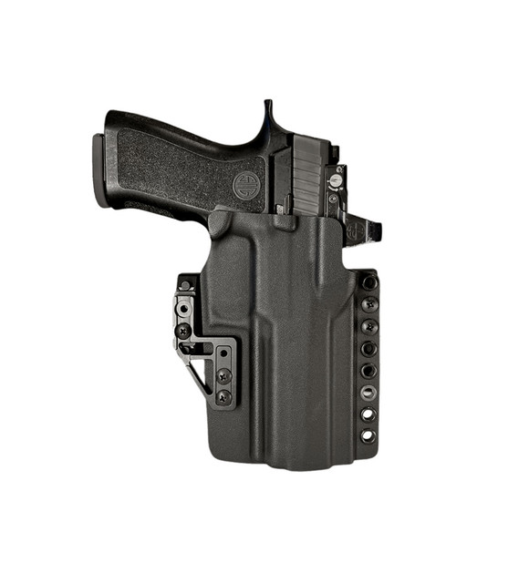 Dara Concealment OWB Holster, a low-profile, black, outside-the-waistband holster for concealed carry with quick-change hardware.