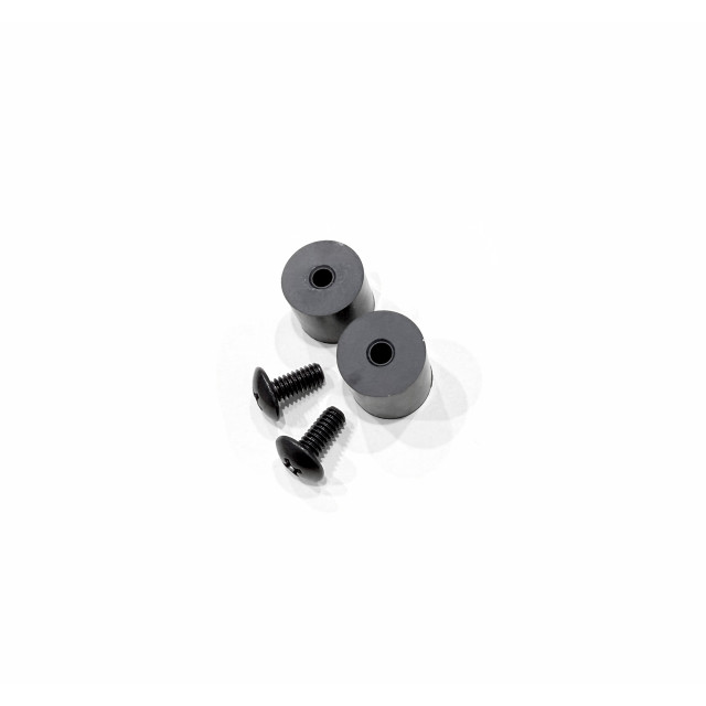 Two gray rubber grommets and two black screws for DCS system retention hardware components.