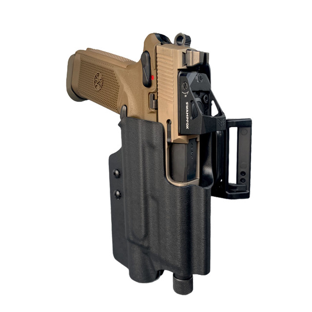 DARA Light Bearing Action Sport Holster, tan and black, outside waistband, made from Boltaron/Kydex material.